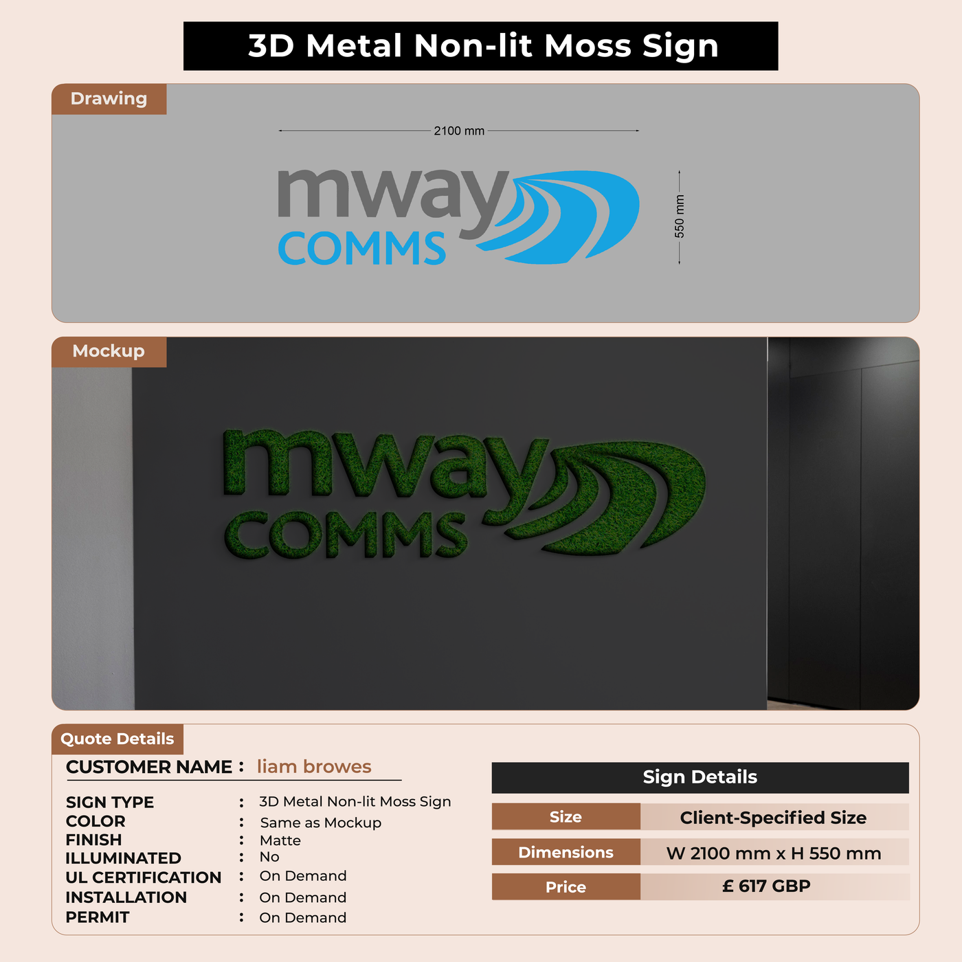 3D Metal Non-lit Moss Signs for liam browes