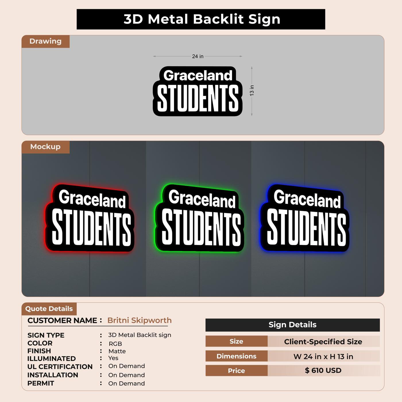 3D Metal Back-lit Sign For Britni Skipworth