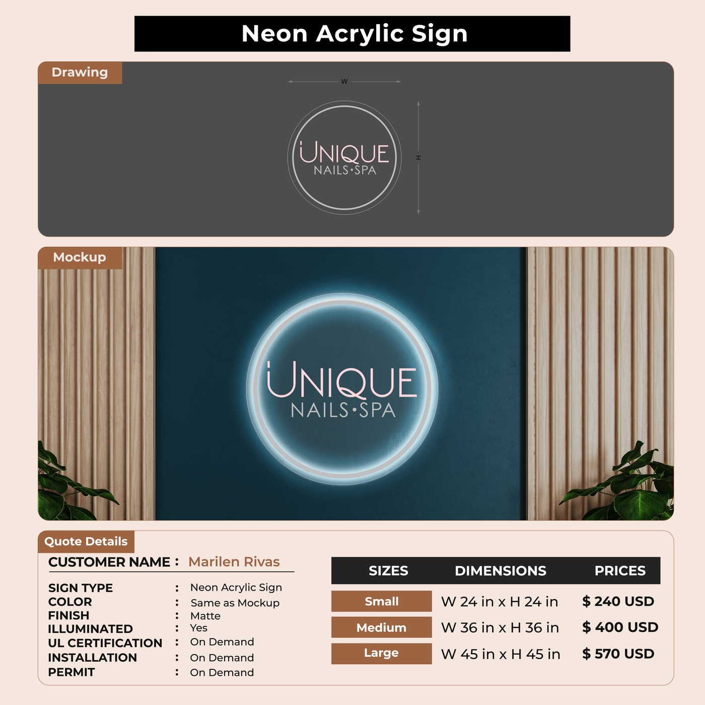 Neon Acrylic Sign for Marilen Rivas