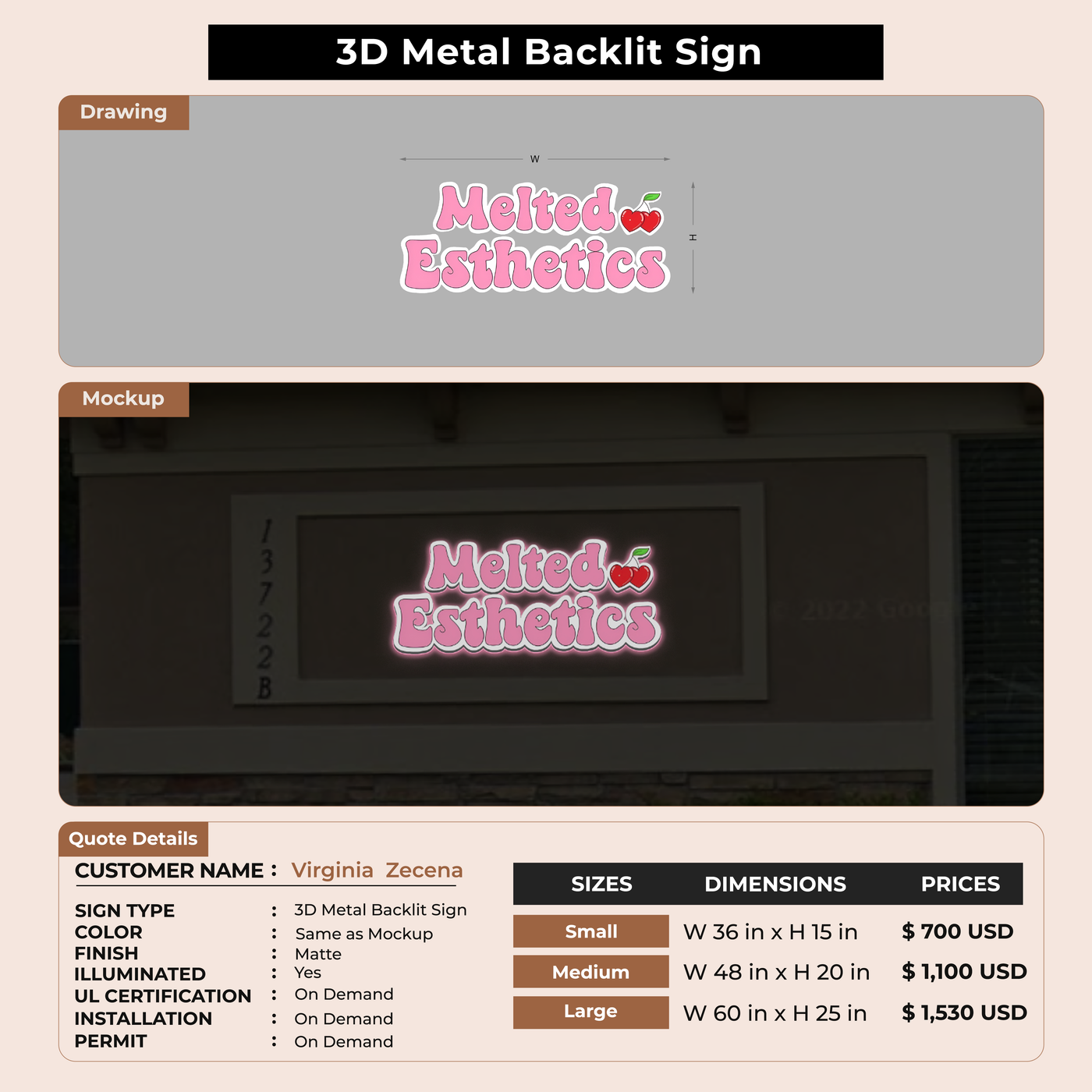 Metal Backlit Sign for Virginia  Zecena