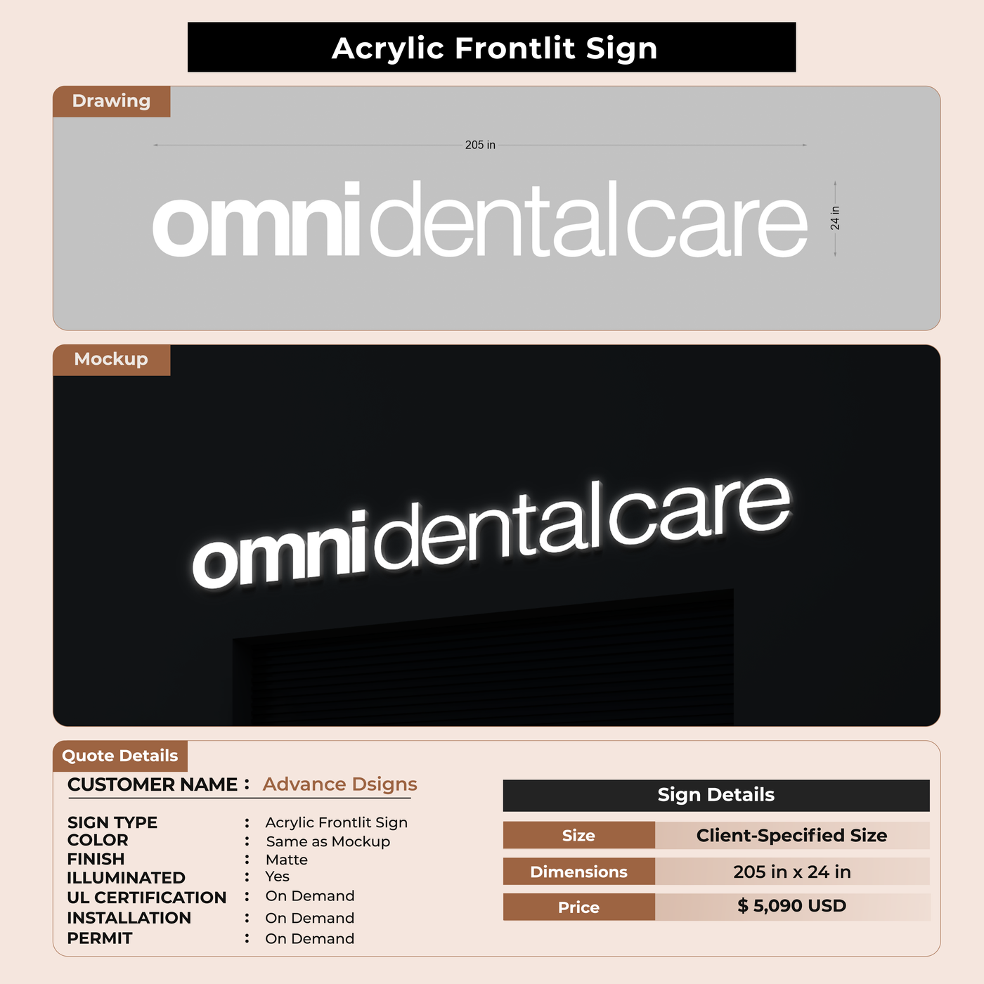 3D Acrylic Front-lit Sign For Advance Dsigns