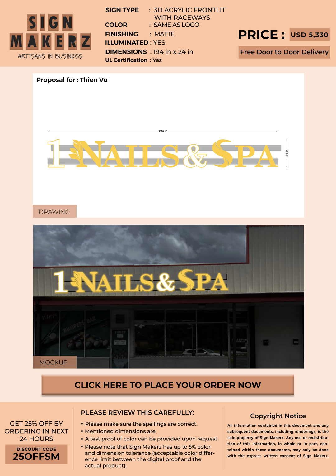 3D Acrylic Frontlit With raceways sign for Thien Vu