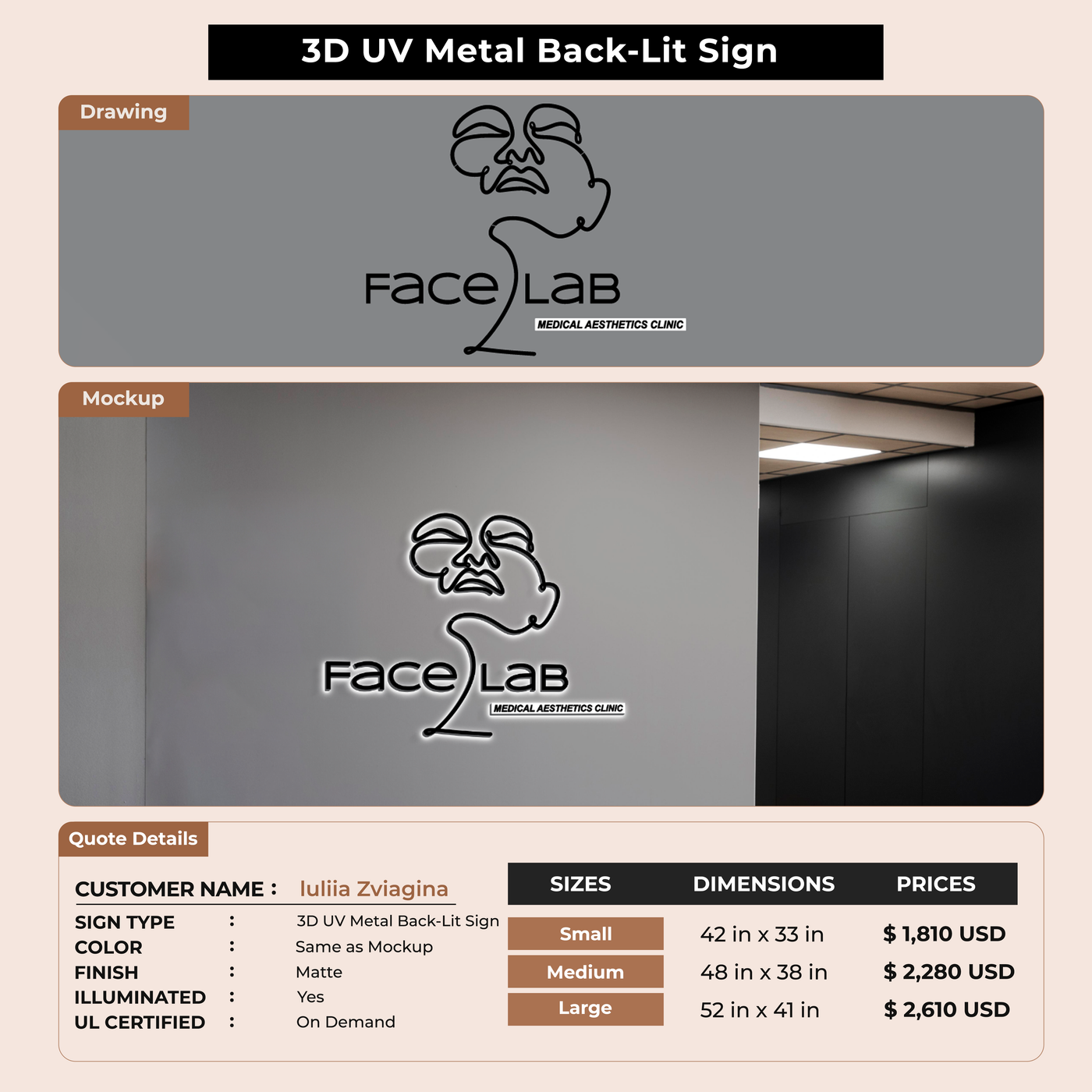 3D UV Metal Back-lit Sign For Iuliia  Zviagina