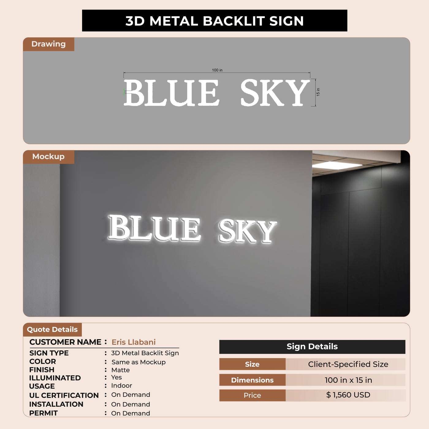 3D Metal Backlit Sign for Eris Llabani