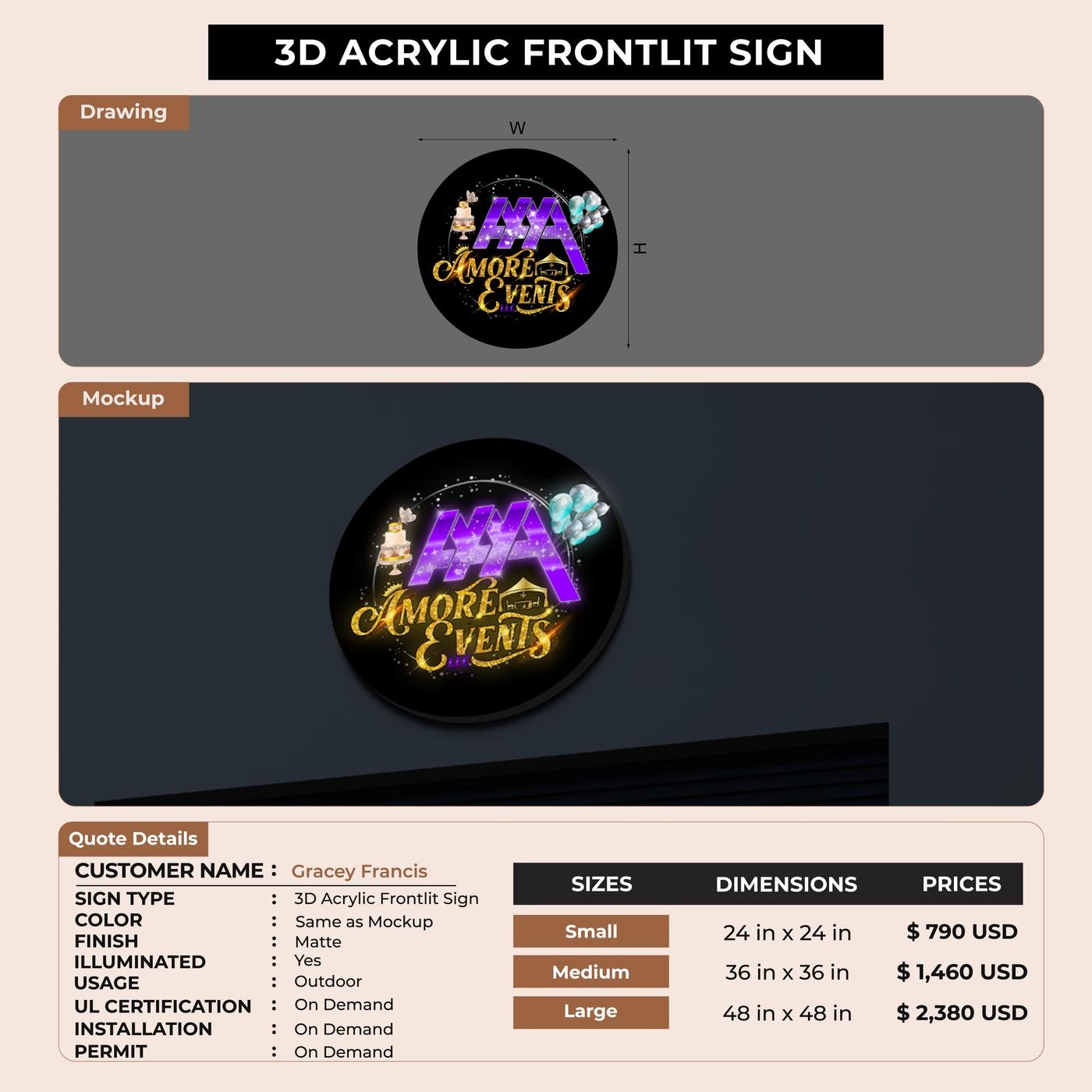 3d acrylic frontlit for Gracey Francis