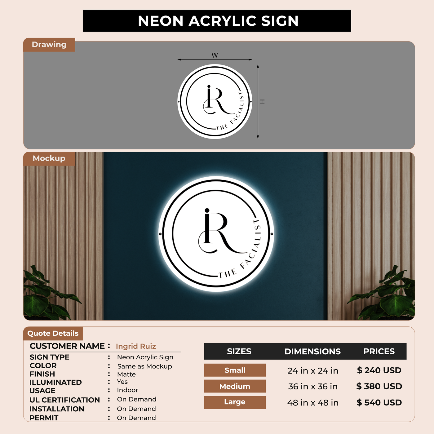 Neon acrylic backlit sign for Ingrid Ruiz