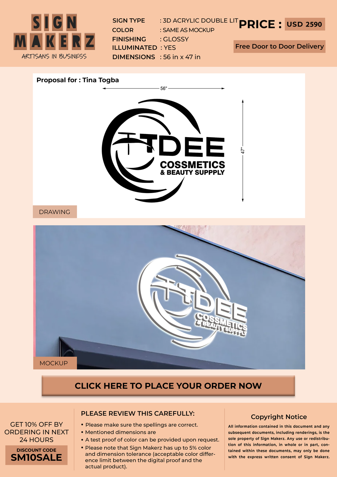 3D Acrylic Double Lit Sign For Tina Togba