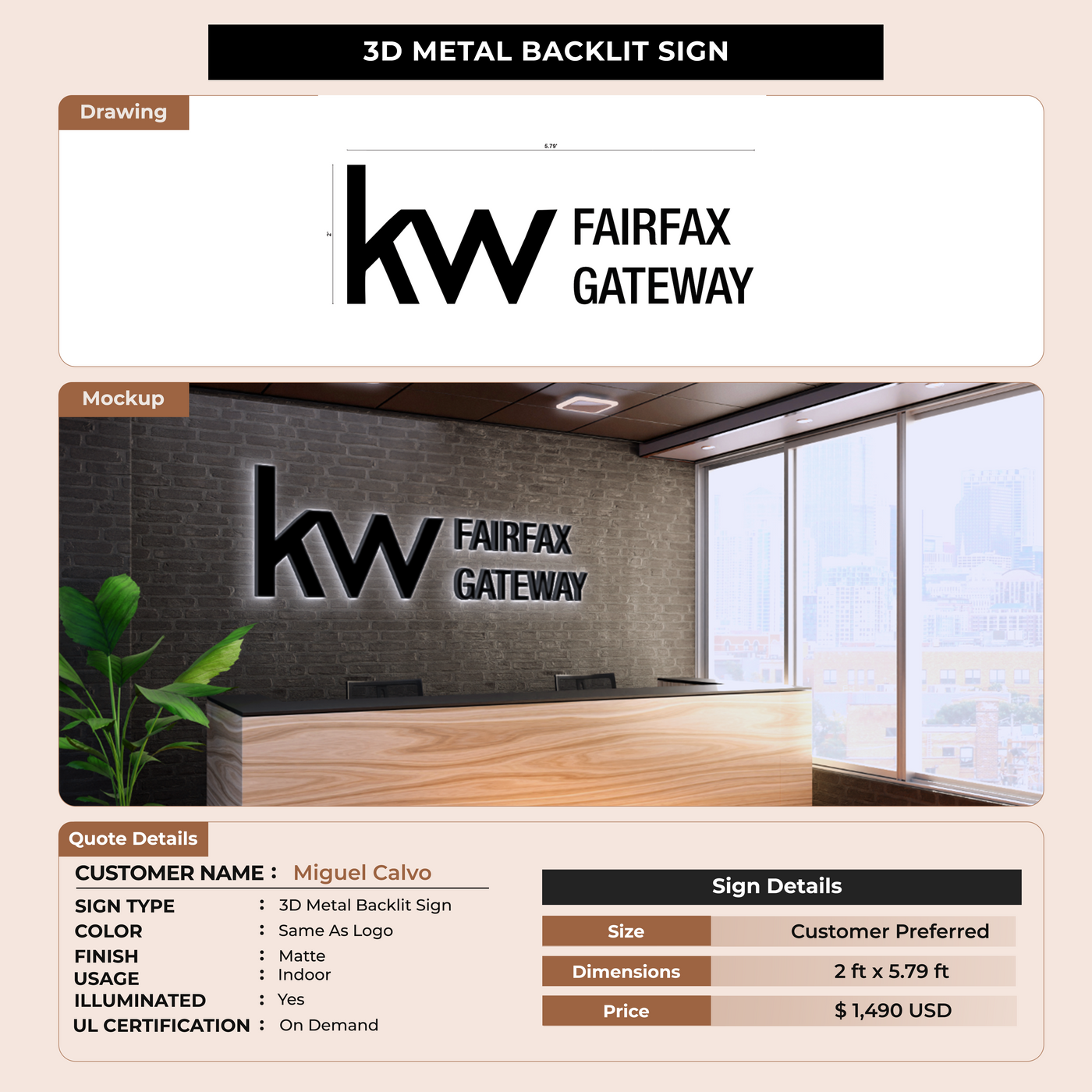 3D Metal Backlit Sign for Miguel Calvo