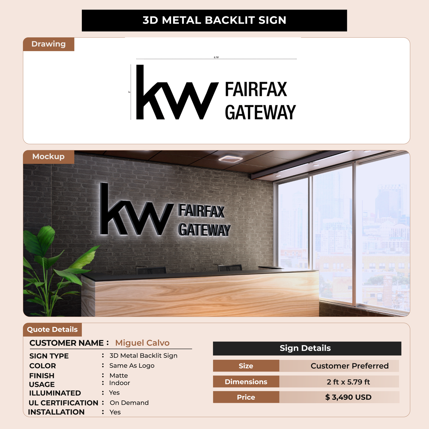 3D Metal Back-lit Sign For Miguel Calvo