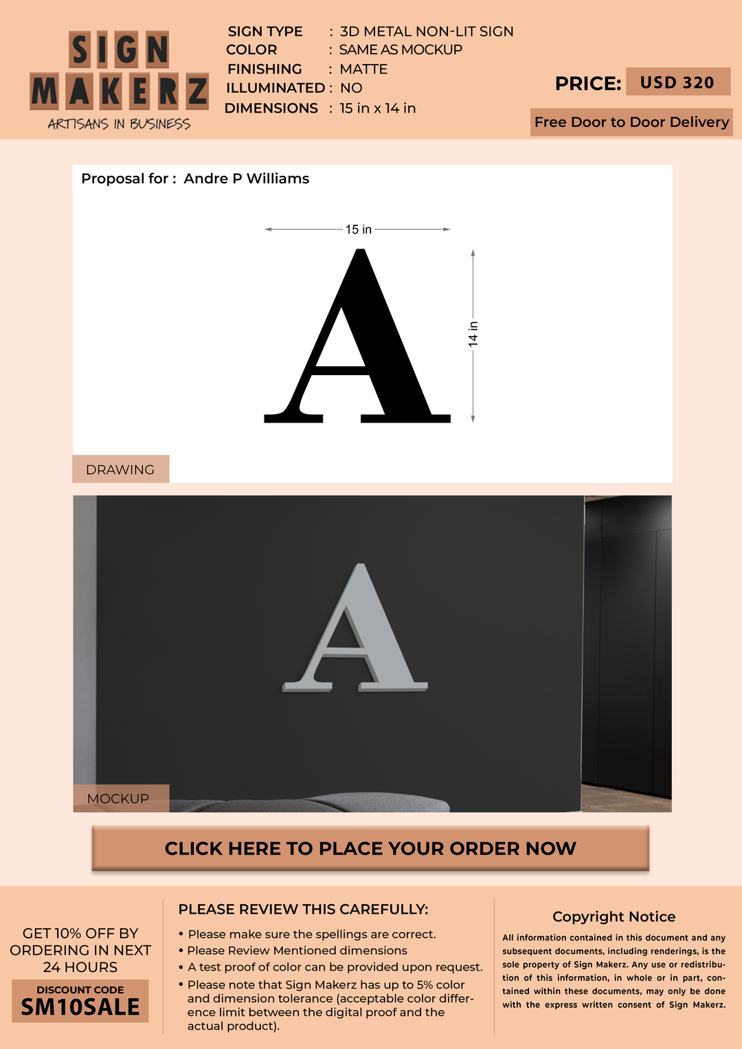 3D Metal non-lit sign for Andre P Williams