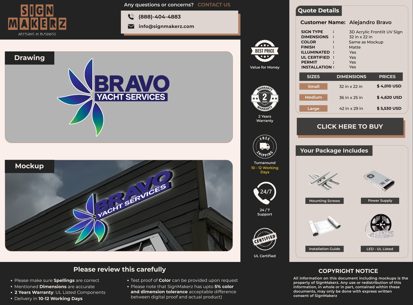 3D Acrylic Front lit UV Sign for Alejandro Bravo