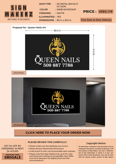 3D Metal Backlit UV Sign For Queen Nails Art