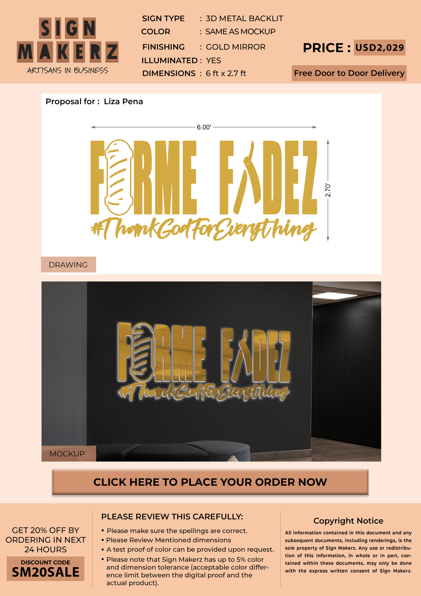 Metal Backlit Sign for Liza Pena