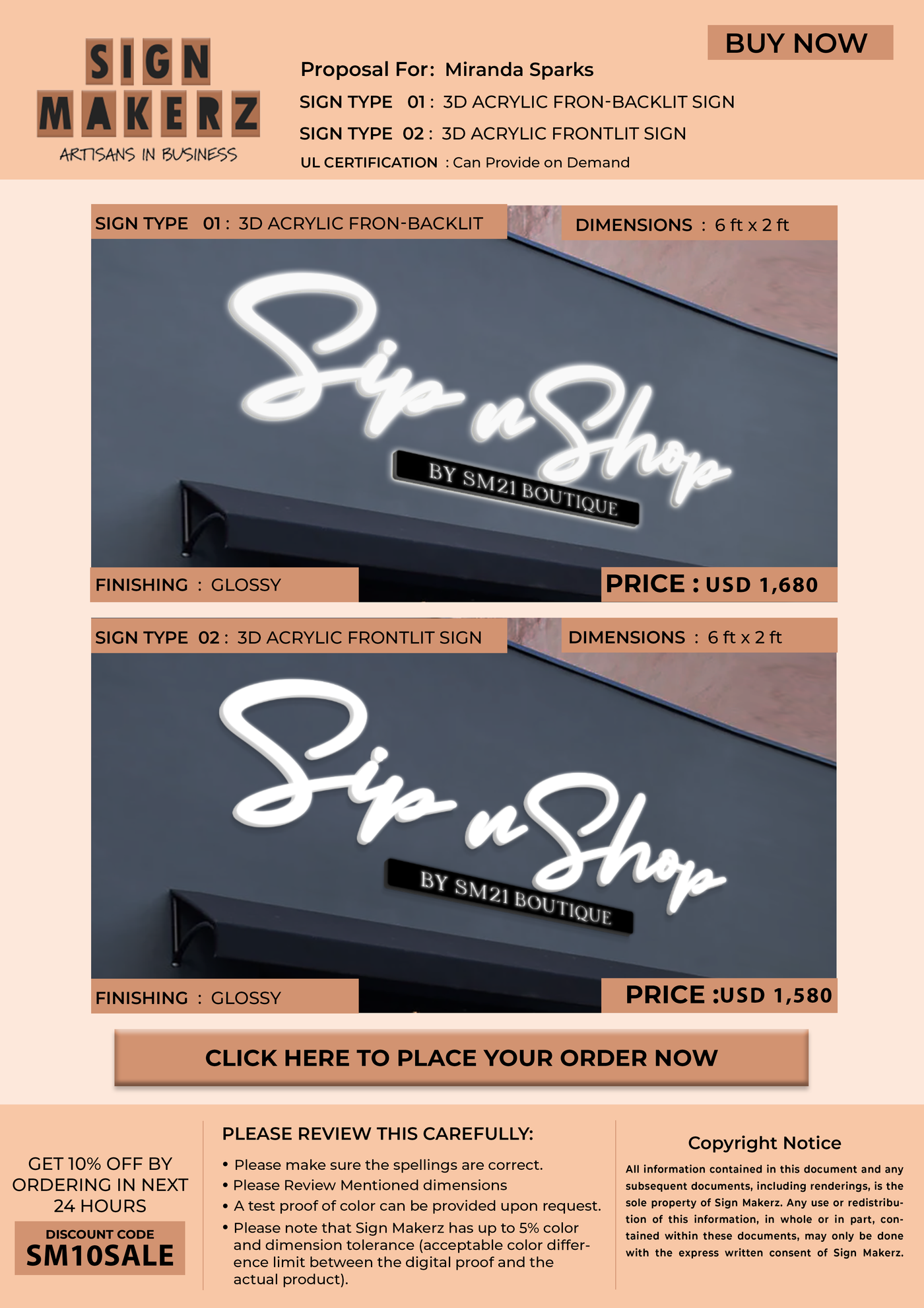 Business signage for Miranda Sparks