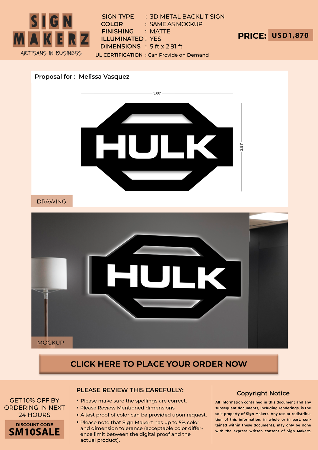 3d metal backlit for Melissa Vasquez