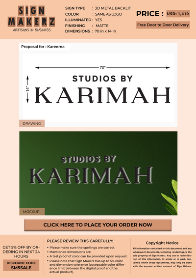 3D Metal Backlit Sign For Kareema