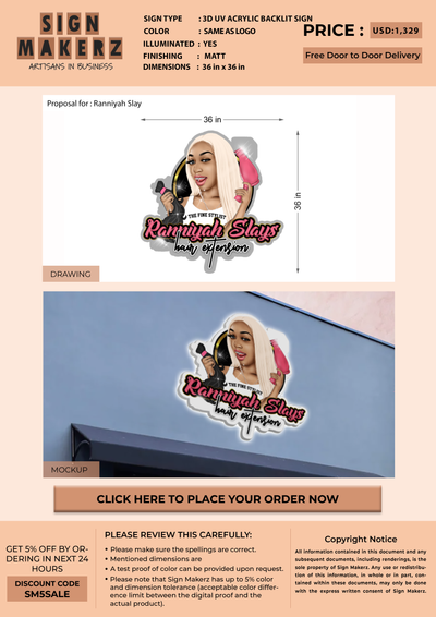 3D UV Acrylic Backlit Sign For Ranniyah Slay