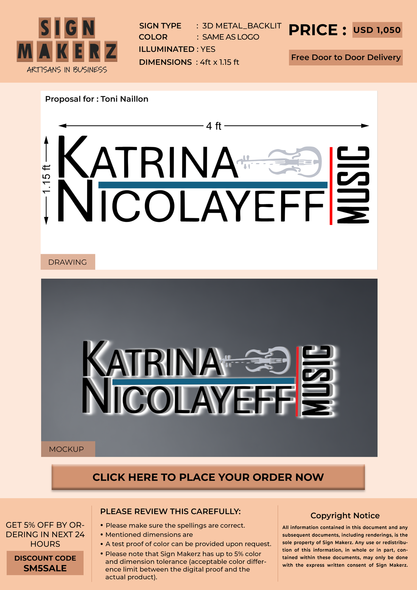 3D Metal Backlit Sign for Toni Naillon