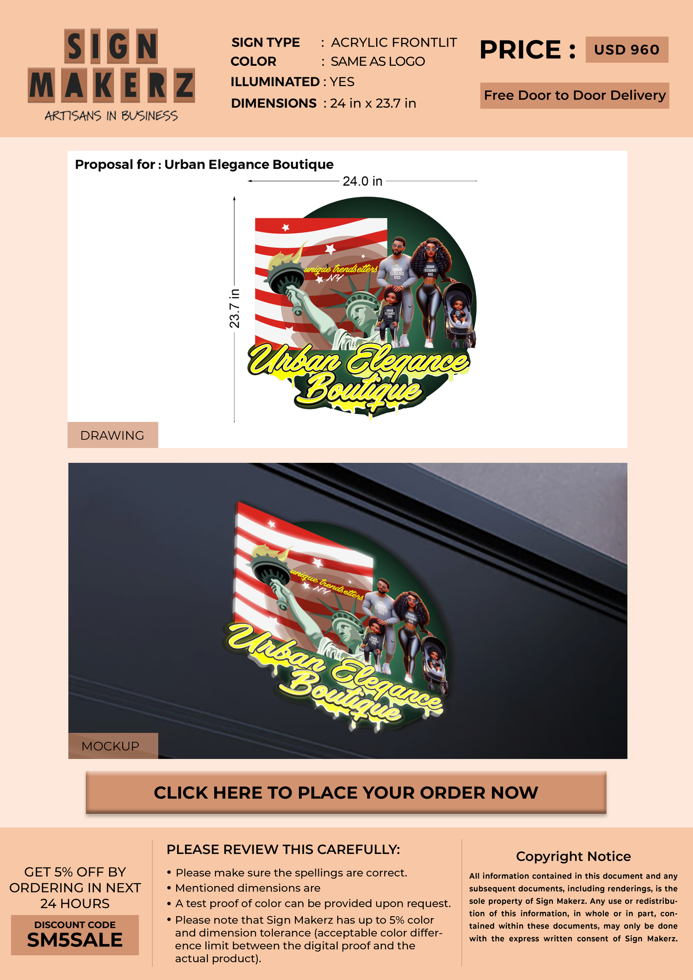 3d Acrylic Frontlit Sign for urban elegance boutique