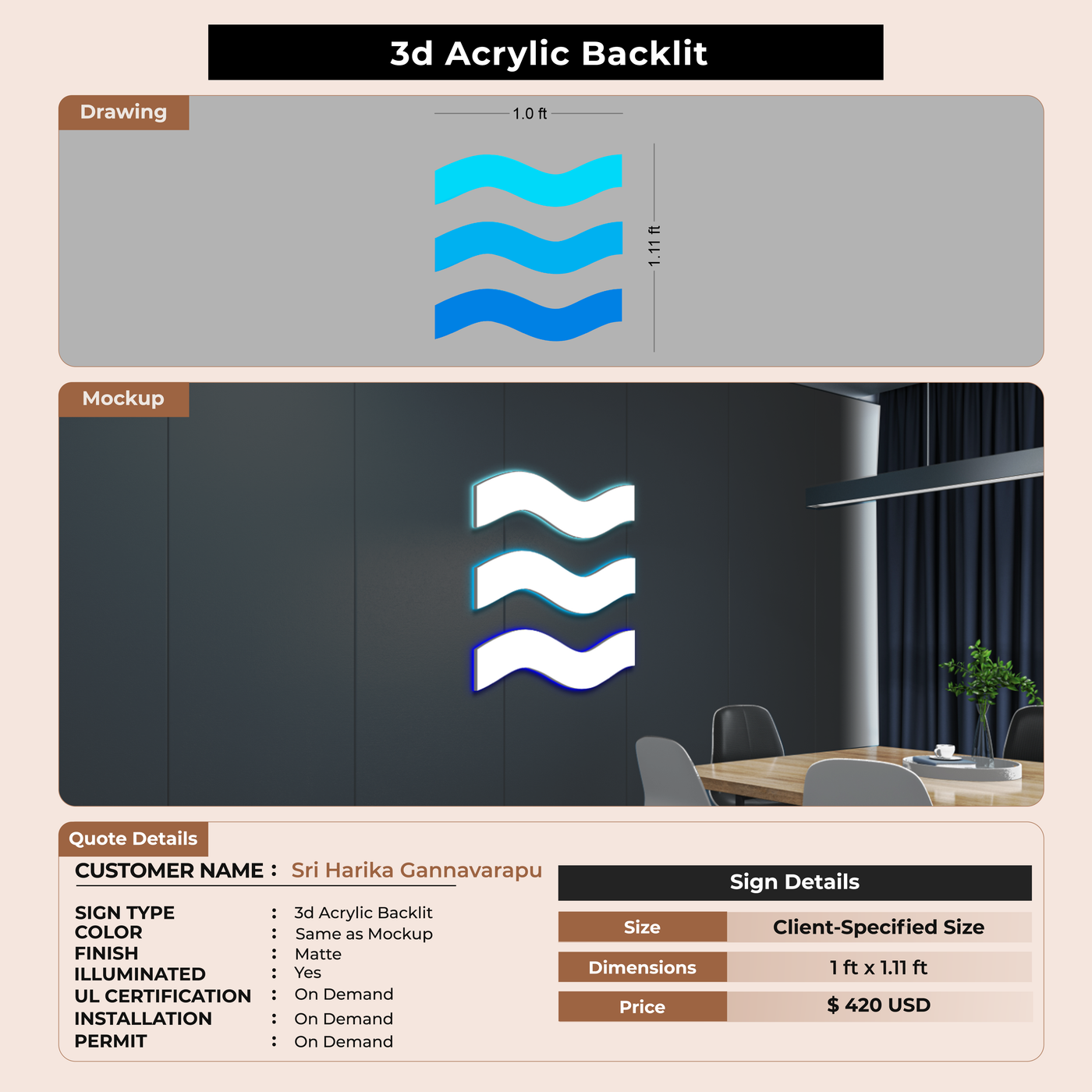 3D Acrylic Backlit Sign For Sri Harika Gannavarapu
