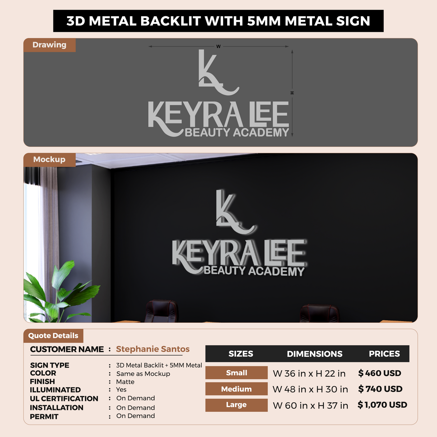 3D METAL BACKLIT WITH 5MM METAL SIGN FOR Stephanie Santos