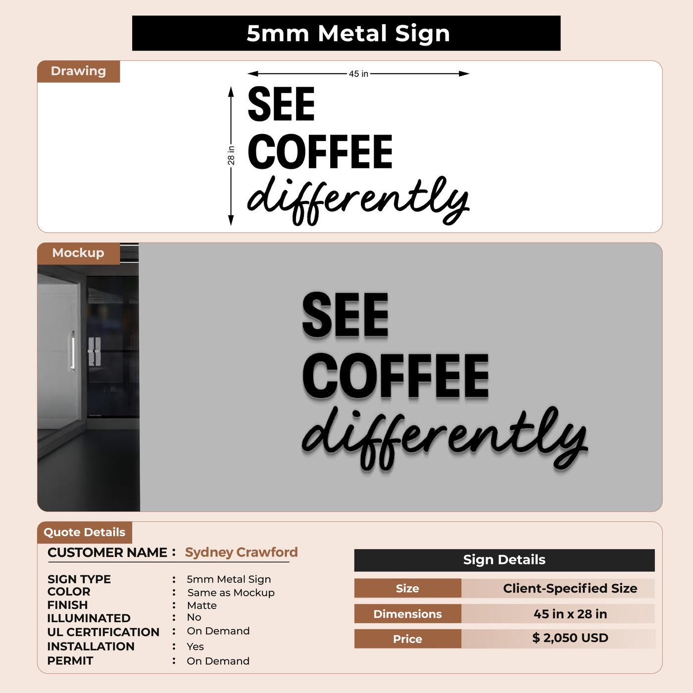 5mm metal sign for Sydney Crawford