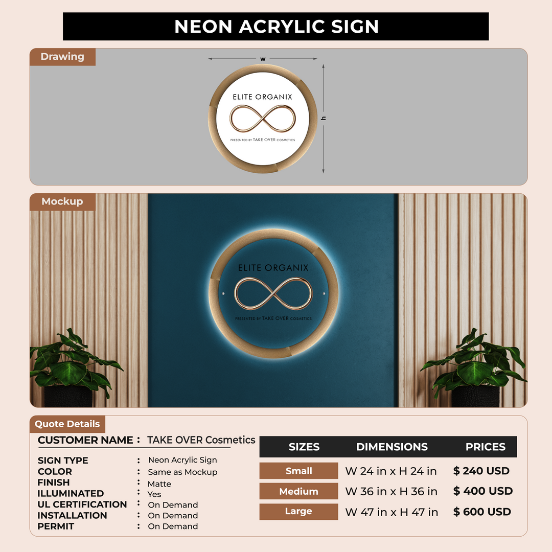 Neon Acrylic Sign for TAKE OVER Cosmetics
