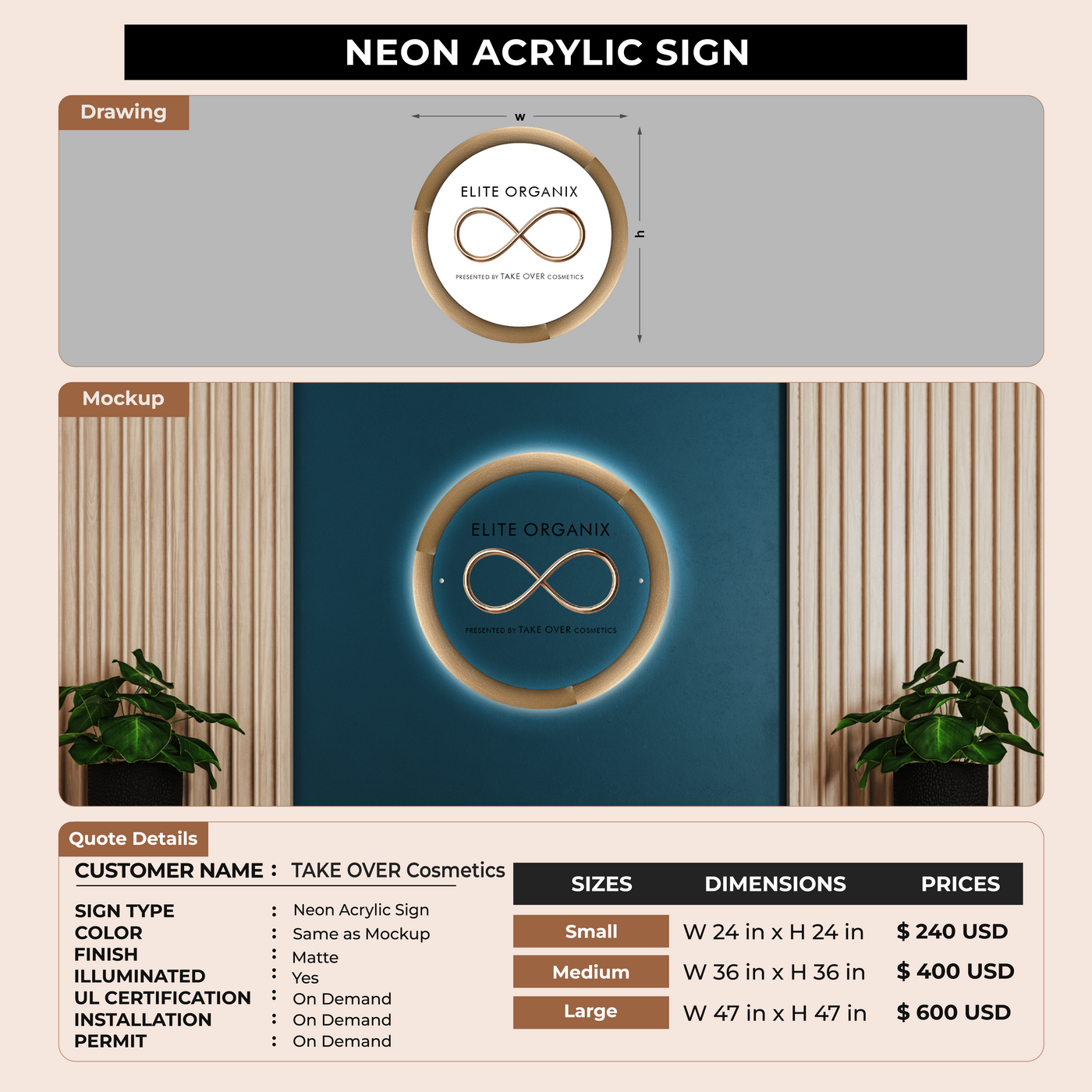 Neon Acrylic Sign for TAKE OVER Cosmetics