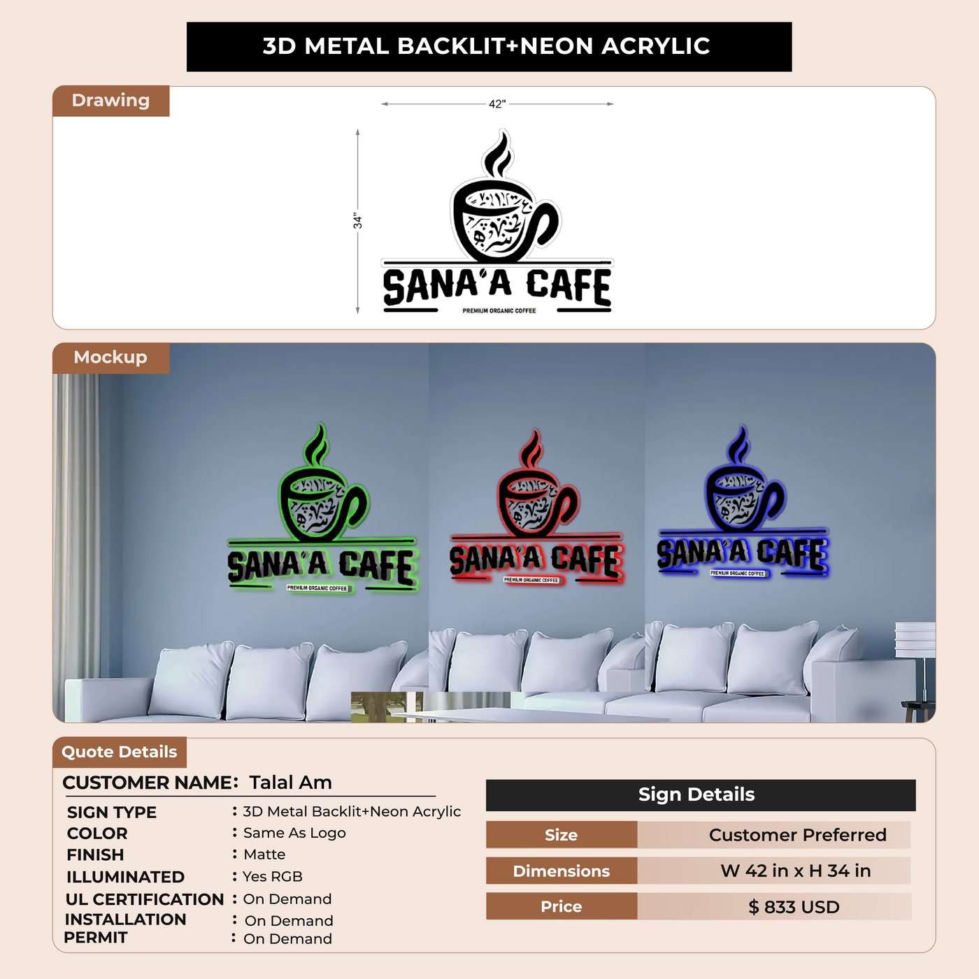 3D Metal Backlit+Neon Acrylic Sign for Talal Am