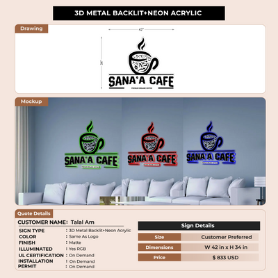 3D Metal Backlit+Neon Acrylic Sign for Talal Am