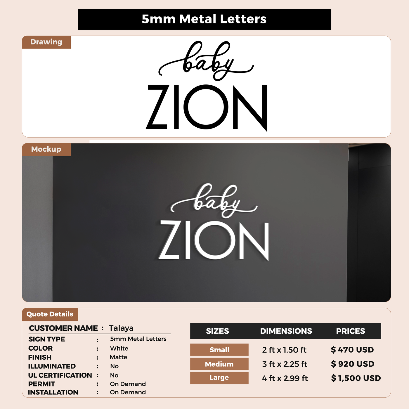 5mm metal sign for Talaya