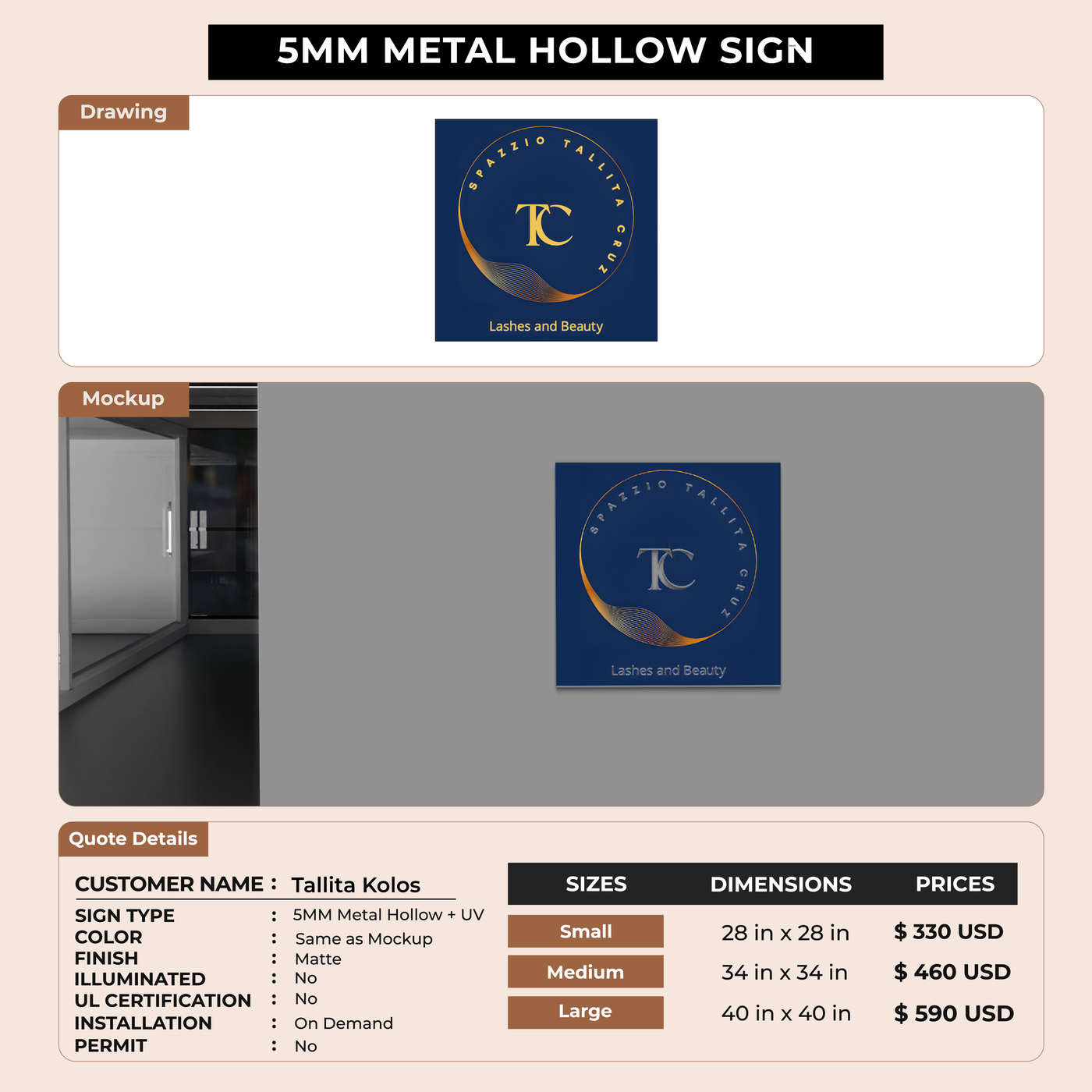 5mm metal hollowcut sign for Tallita Kolos