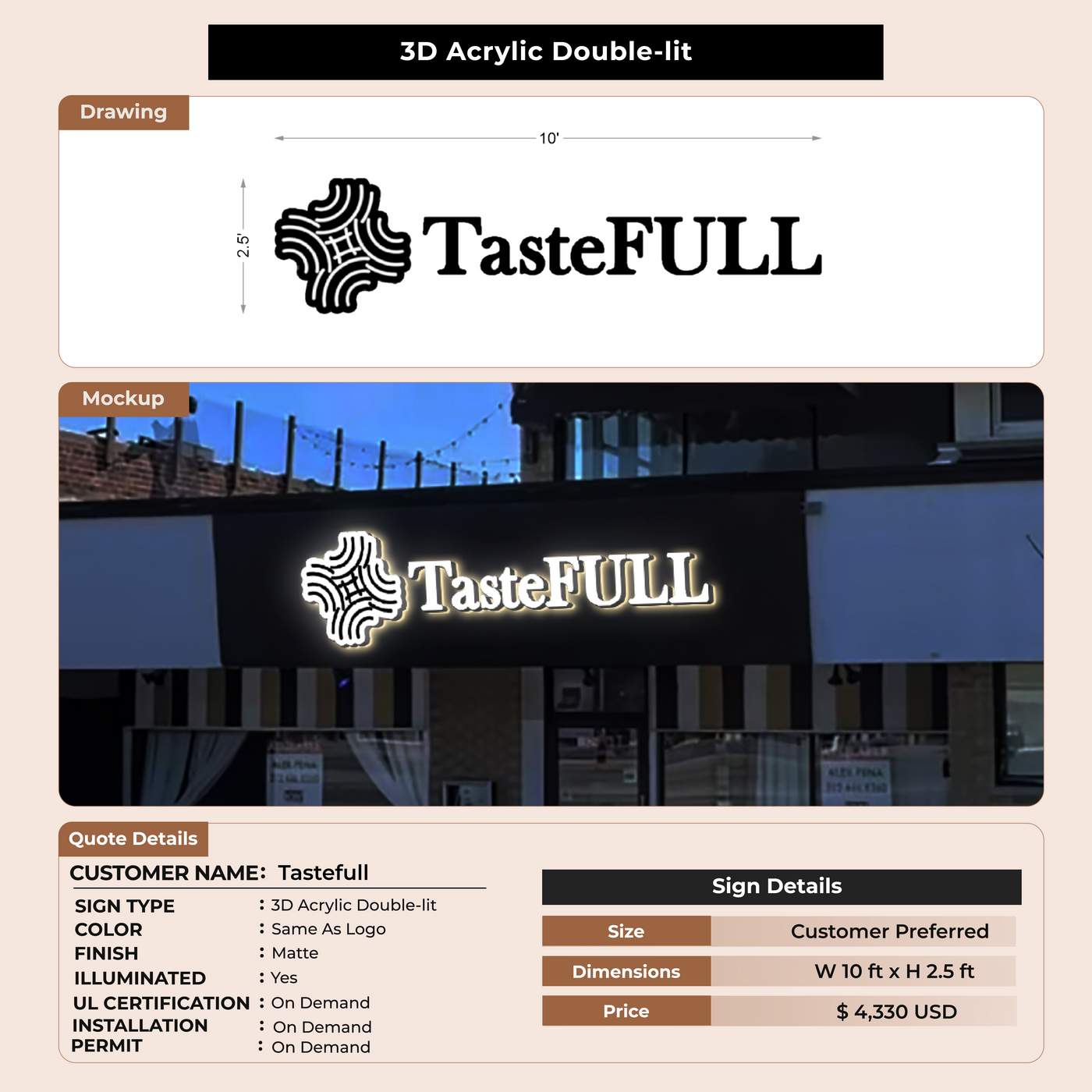 50% Deposit for 3D Acrylic Double-lit Sign for Tastefull