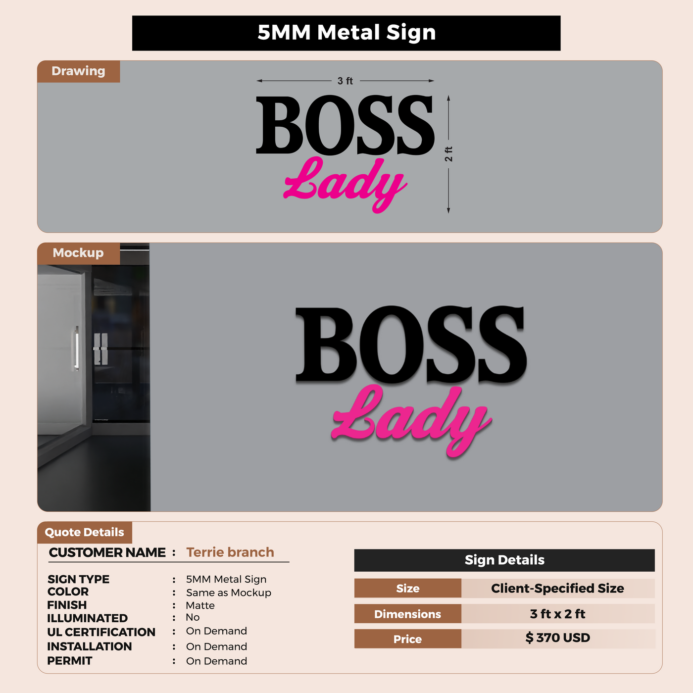 5mm metal sign for Terrie branch