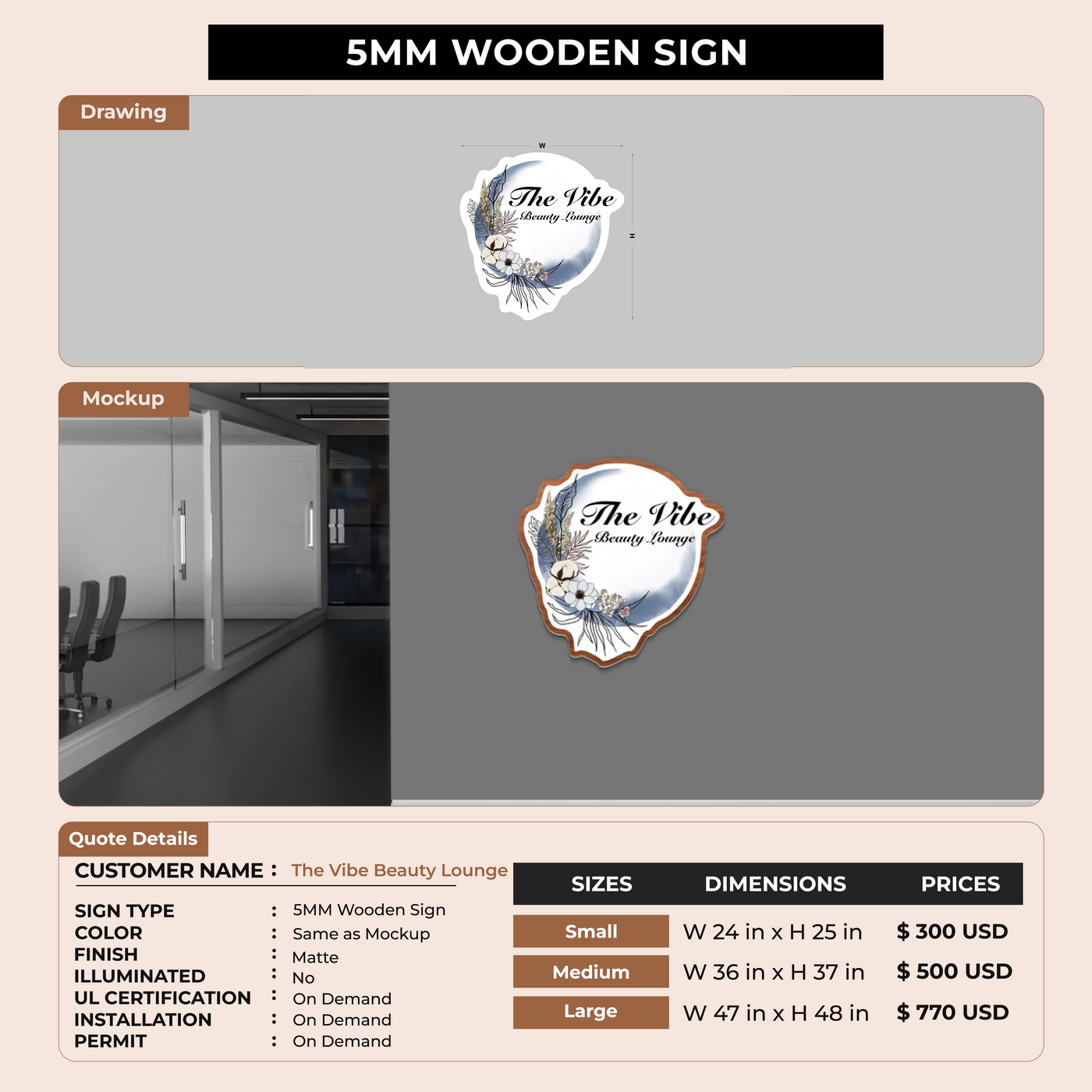 5mm wooden sign for The Vibe Beauty Lounge