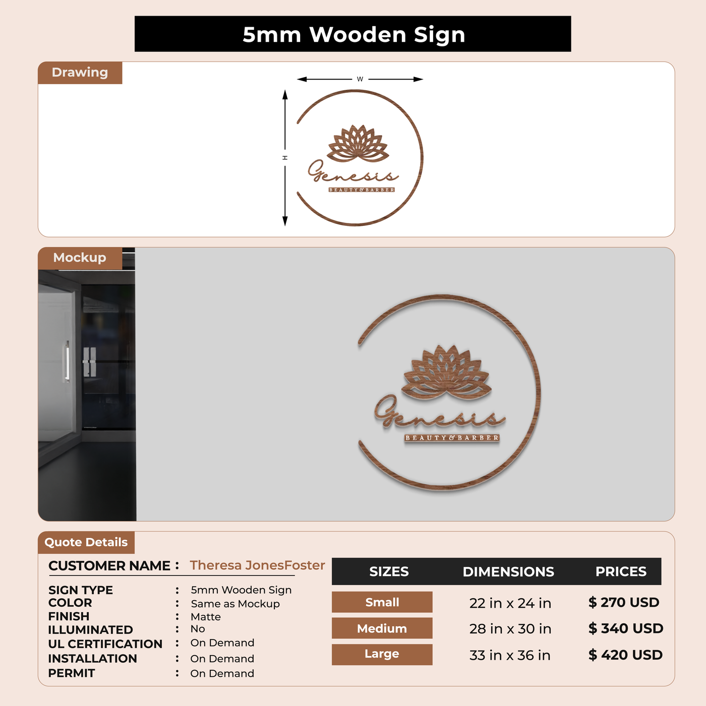 5mm wooden sign for Theresa JonesFoster