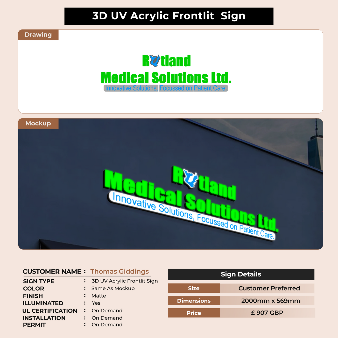 3D UV Acrylic Frontlit Sign for Thomas Giddings