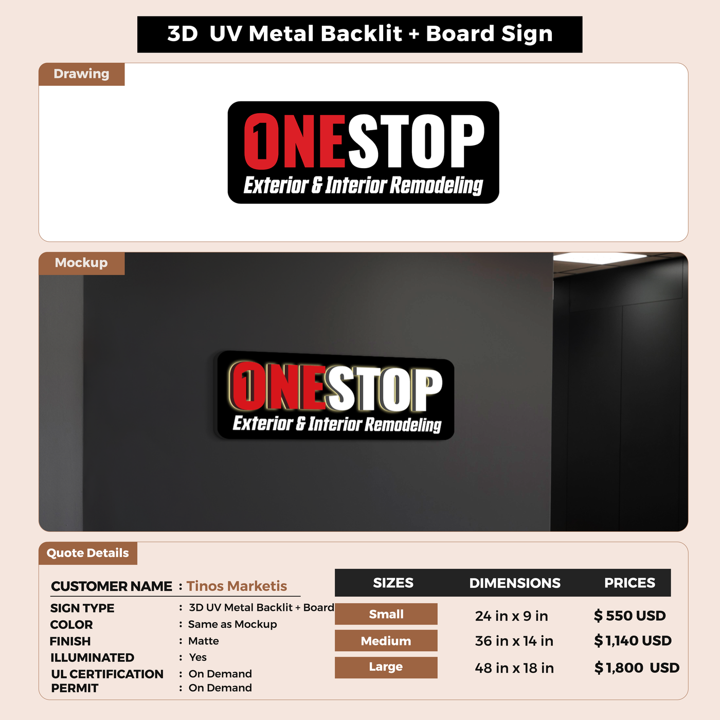 3D UV Metal Backlit with Backboard Sign for Tinos Marketis