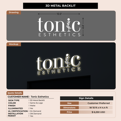 3D Metal Backlit Sign Tonic Esthetics
