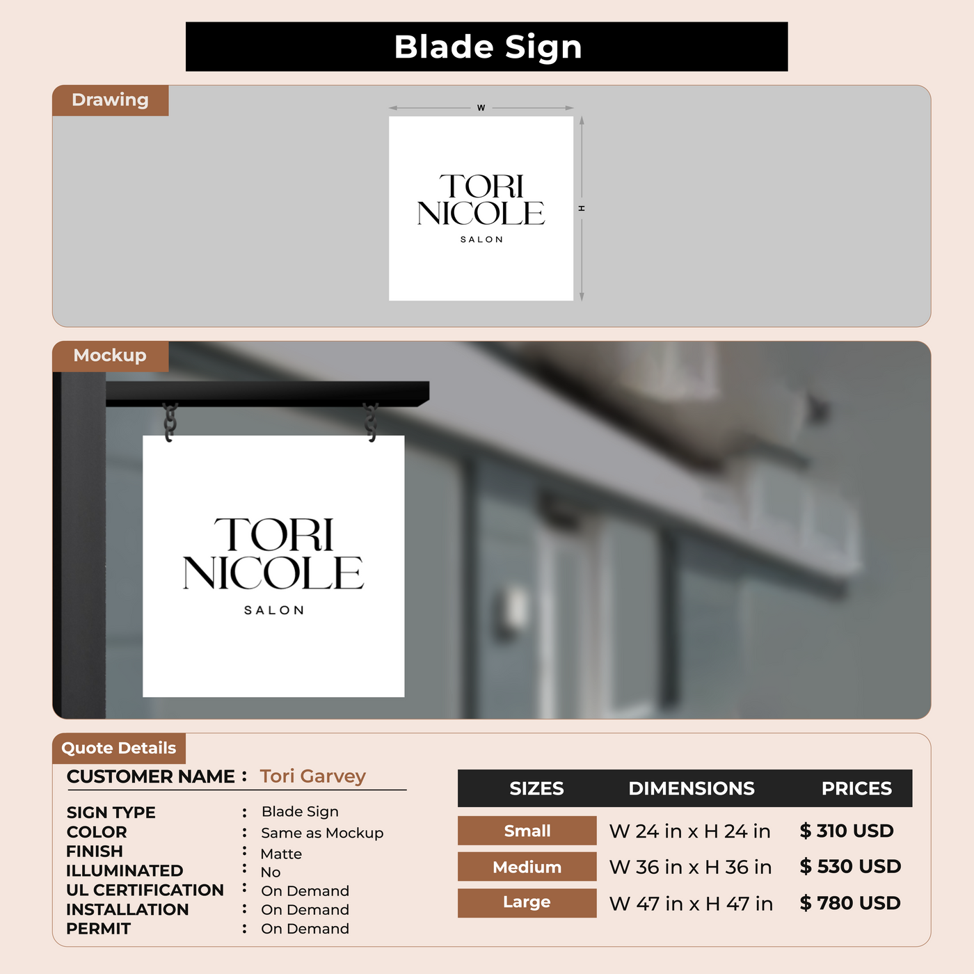 2D blade Sign for Tori Garvey