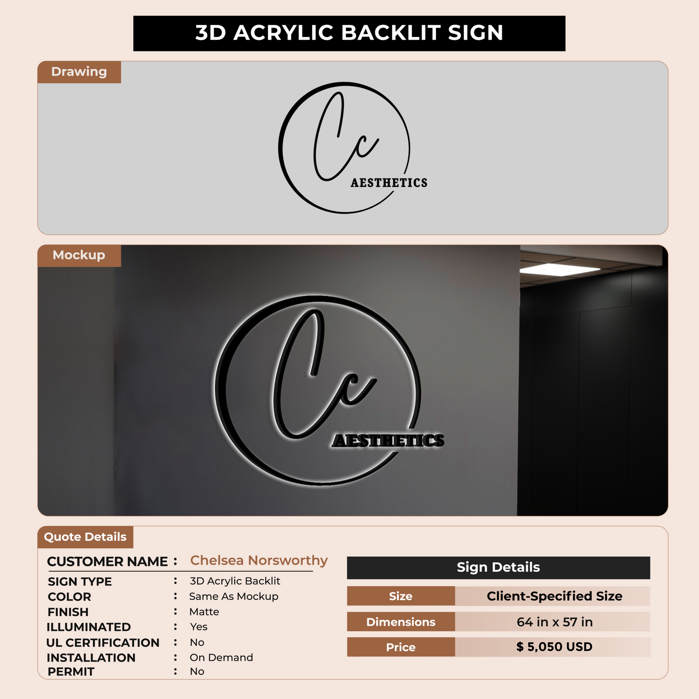 3D Acrylic Backlit Sign for Chelsea Norsworthy