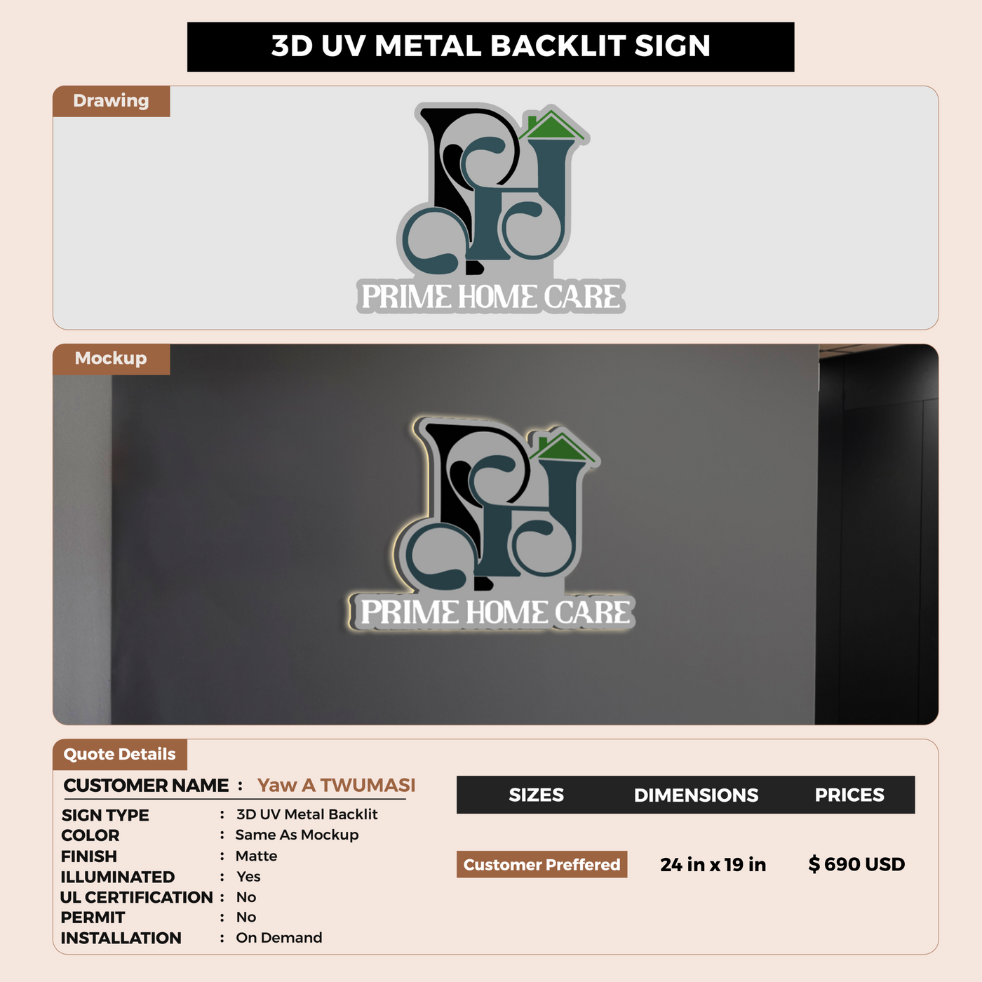 3D Metal Back-lit Sign For Yaw A TWUMASI