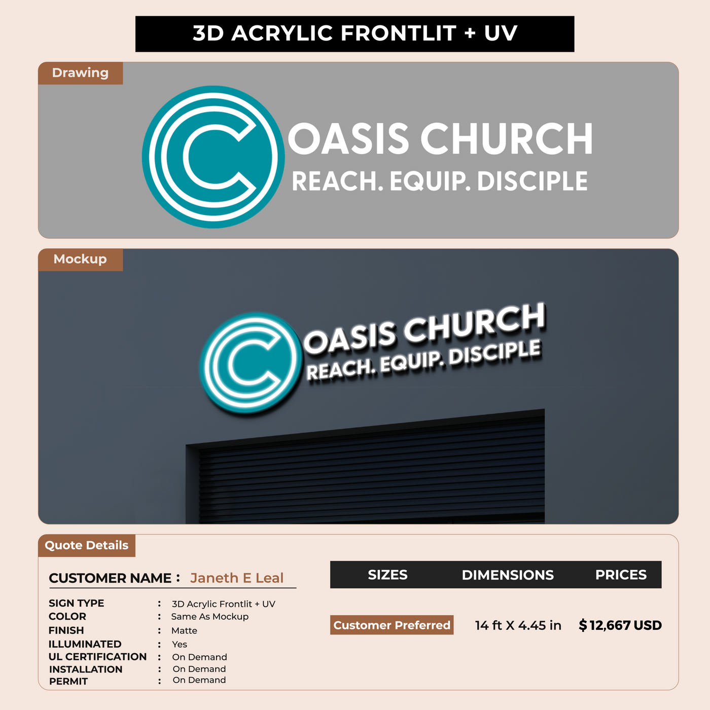 3D UV Acrylic Front-lit Sign For Janeth E Leal