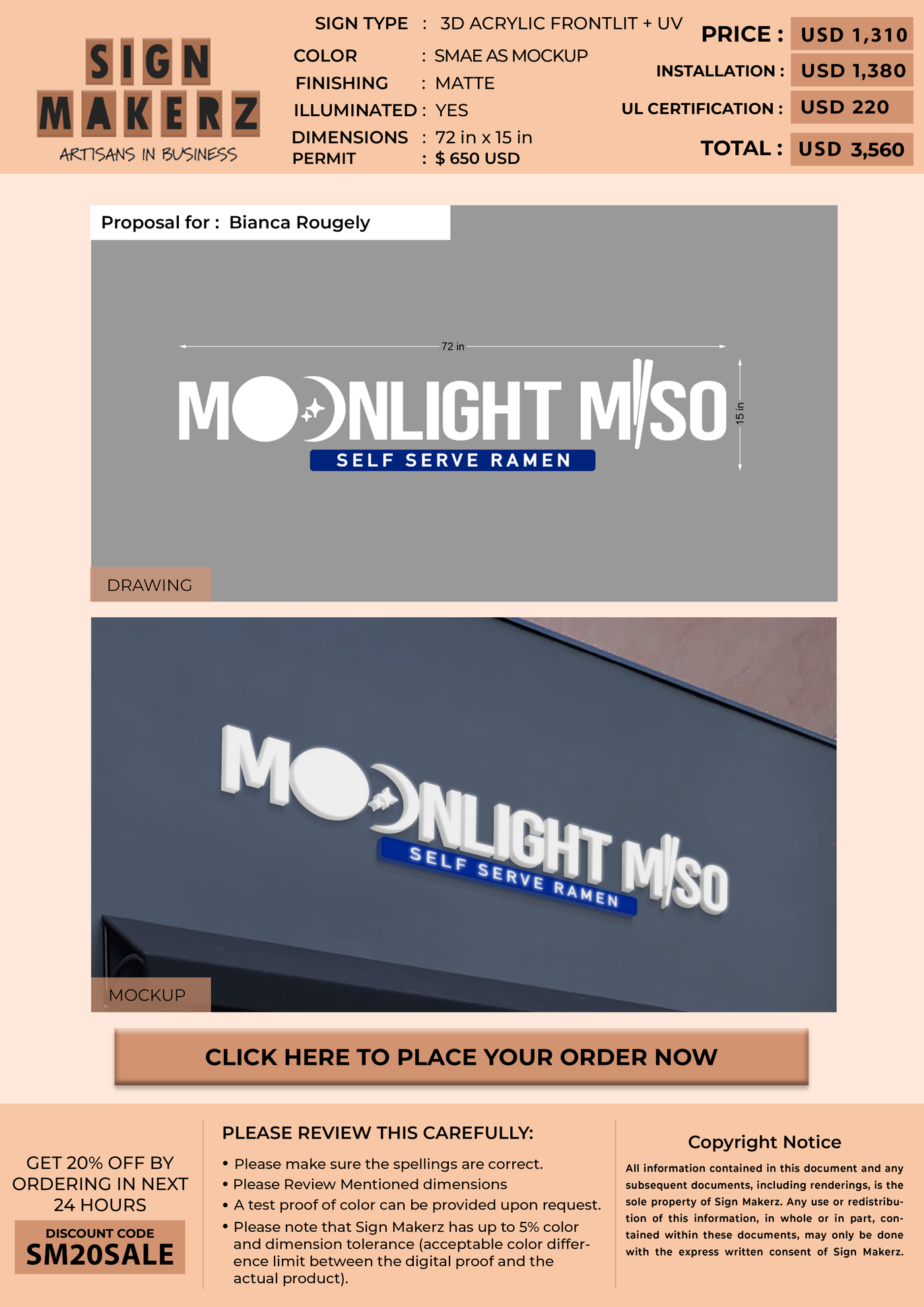 50% deposit 3d acrylic frontlit for Bianca Rougely