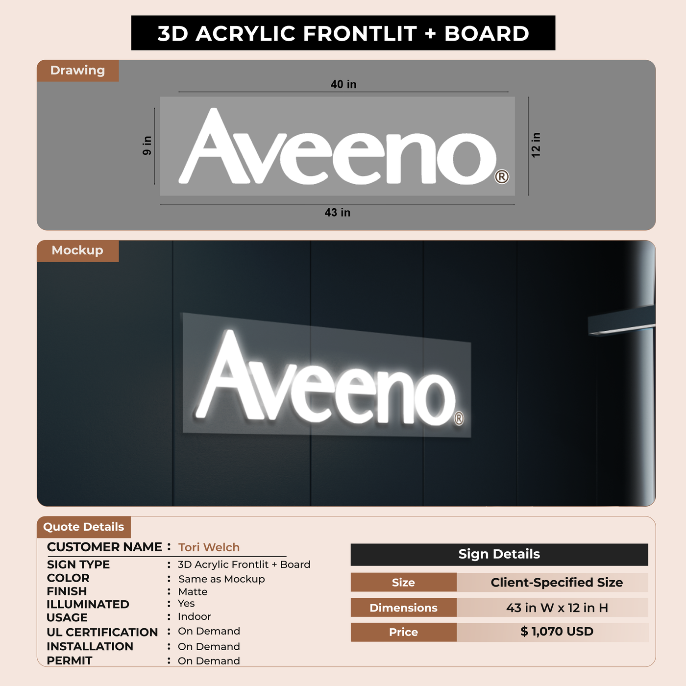 3D Acrylic Frontlit with Backboard Signs for Tori Welch