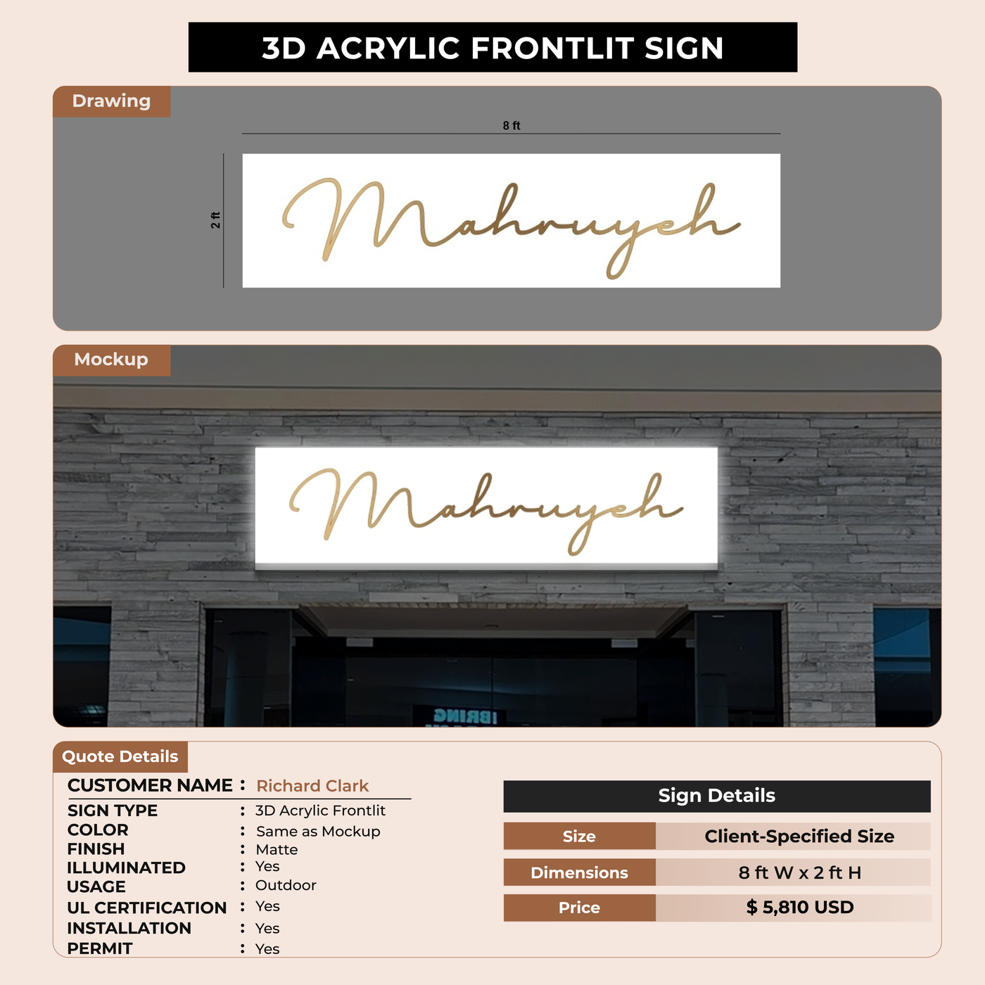50% Deposit 3D Acrylic Frontlit Sign for Richard Clark