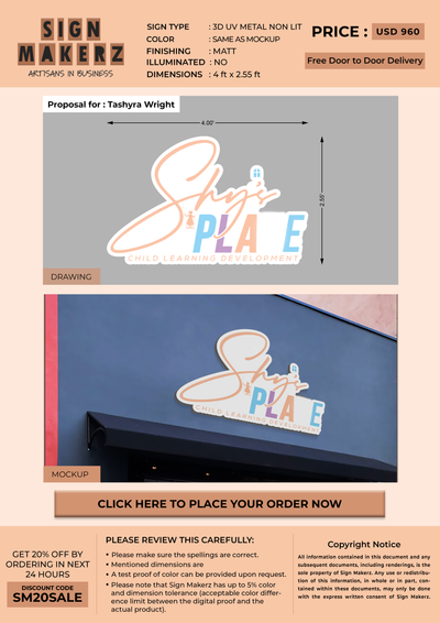 3D UV Metal Non-Lit Sign For Tashyra Wright