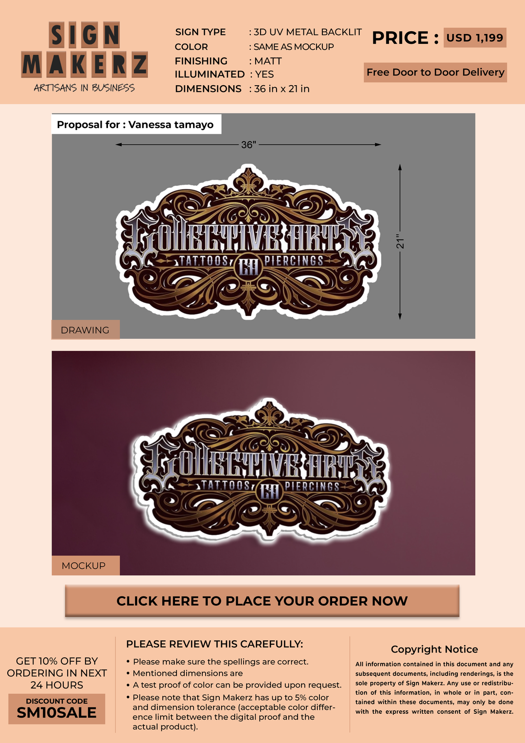 3D UV Metal Backlit Sign For Vanessa tamayo