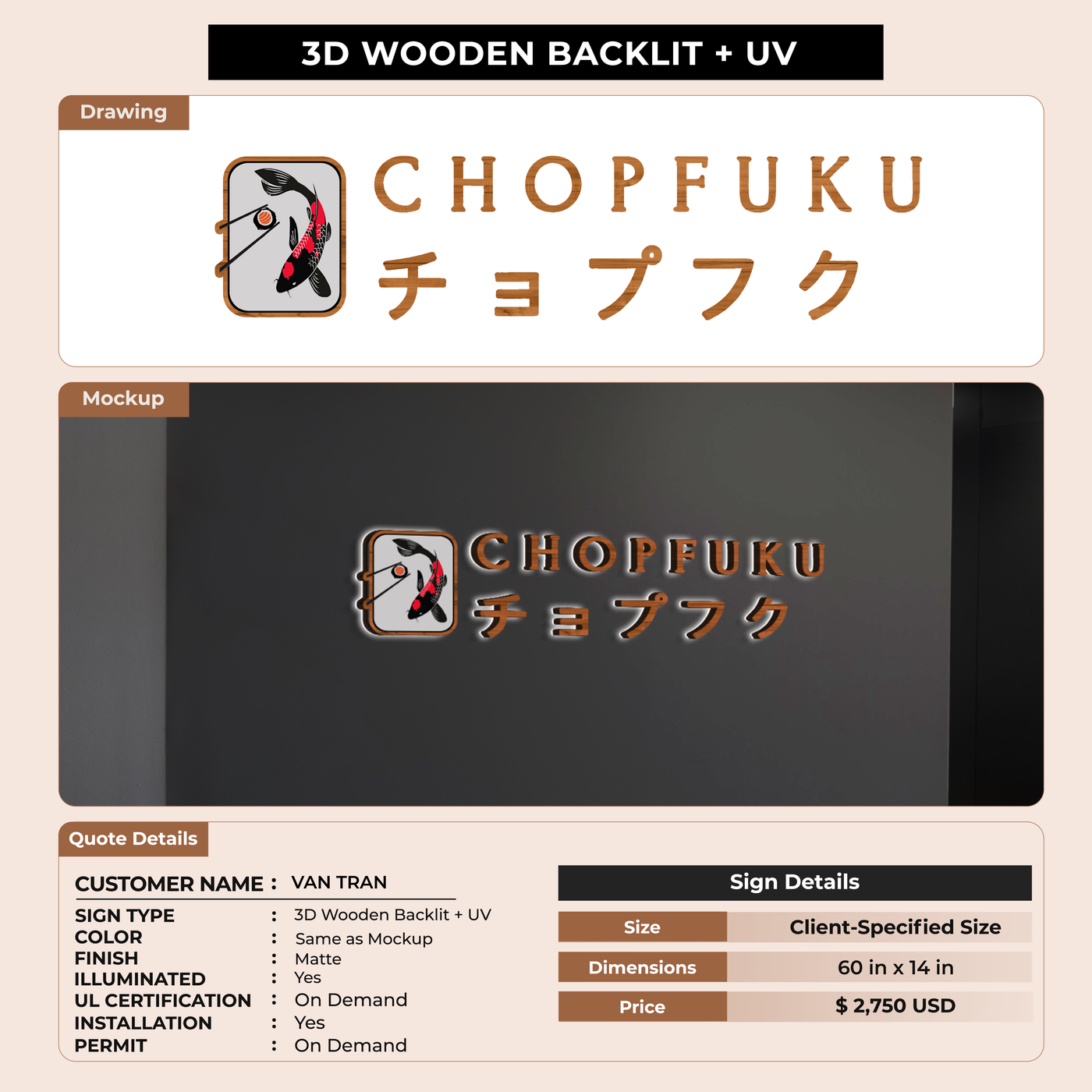 3D UV Wooden Backlit Sign for VAN TRAN