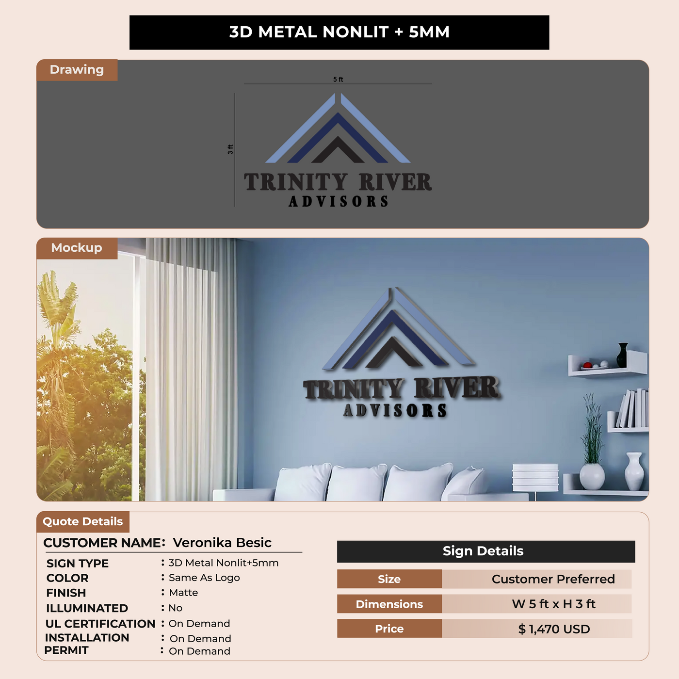 3D Metal Nonlit+5mm Sign for Veronika Besic